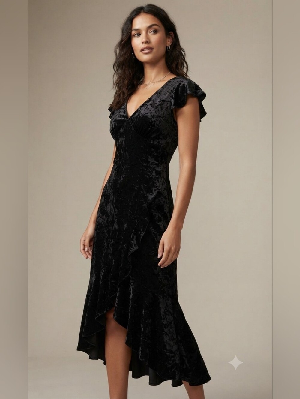 Vintage 90s Y2K Black Crushed Velvet Asymmetrical Ruffle Midi Dress Whimsigoth M